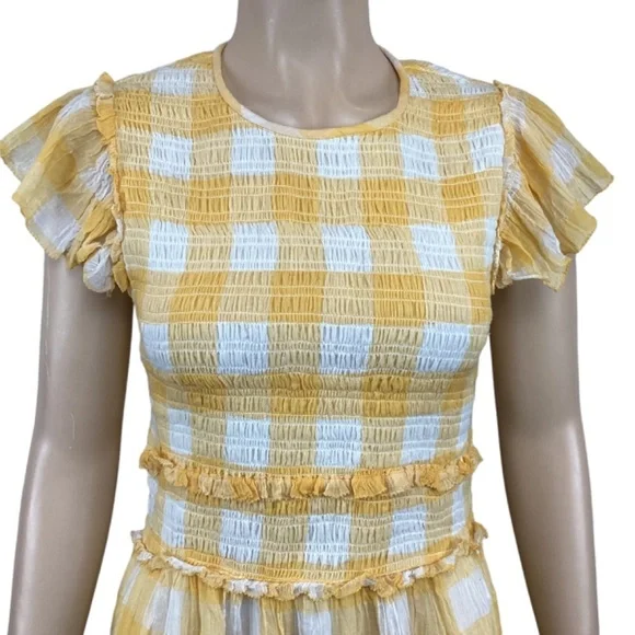 Saylor Saya Checkered Smocked Mini Dress size‎ Medium Yellow & White Lined - Picture 7 of 11